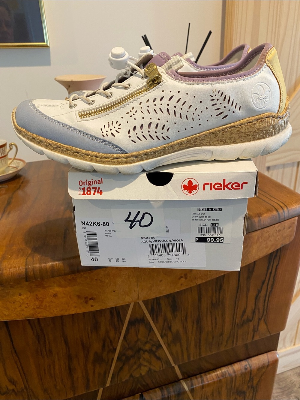 Rieker White & Lavender Perforated Lace-Up Sneaker with Gold Zipper, size 40